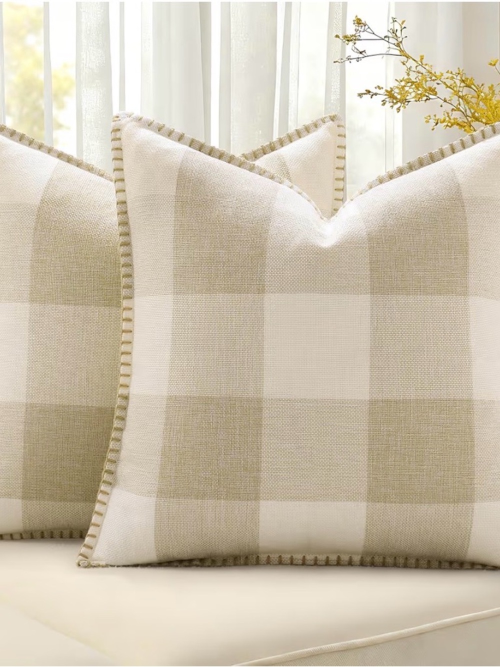 Set of 2 Buffalo Plaid Throw Pillow Covers 22x22 Farmhouse Beige Cream Linen